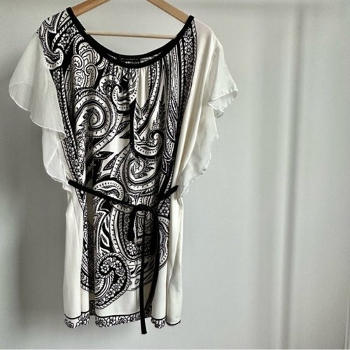 QED London Tunic Top Dress White Black Paisley Flutter Sleeves - - photo 3