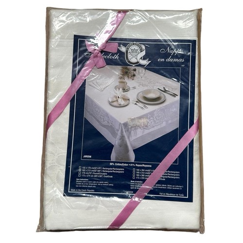 NOS NWT Vintage Home Studio Damask White Tablecloth - 62" by 84"