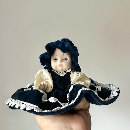 Vintage Venetian Porcelain Doll w/Navy Blue Velvet Dress