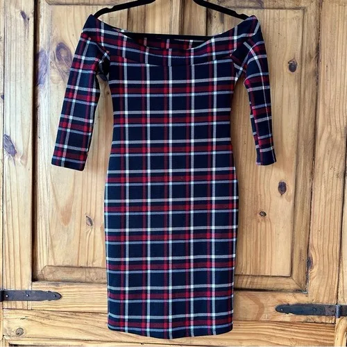 Vintage Y2K Off The Shoulder Plaid Bodycon Mini Dress