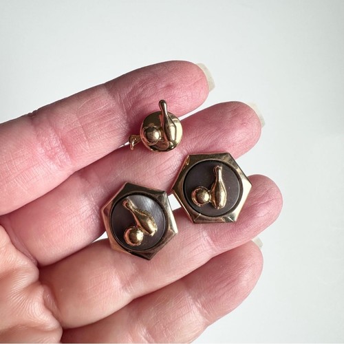 Vintage 70’s 3pc Cufflinks & Tie Clip Set Gold Tone Black Bowlin