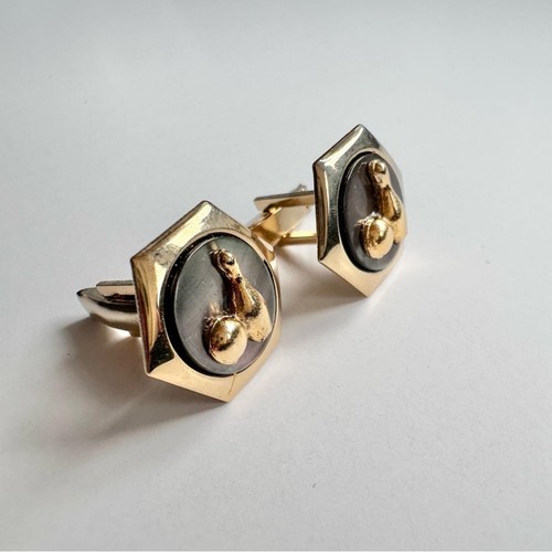 Vintage 70’s 3pc Cufflinks & Tie Clip Set Gold Tone Black Bowlin - photo 4
