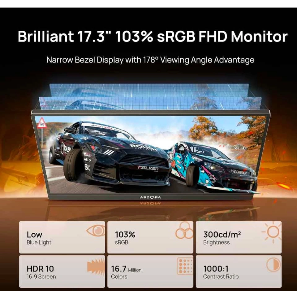 Arzopa 17.3" Portable Monitor, 1080p FHD IPS, HDMI + USB-C - photo 4