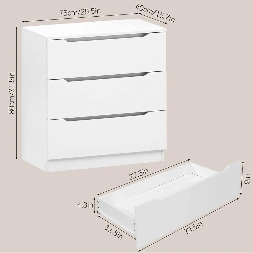 New in box-3 Drawer White Nightstand, Wide Bedside Table - photo 2