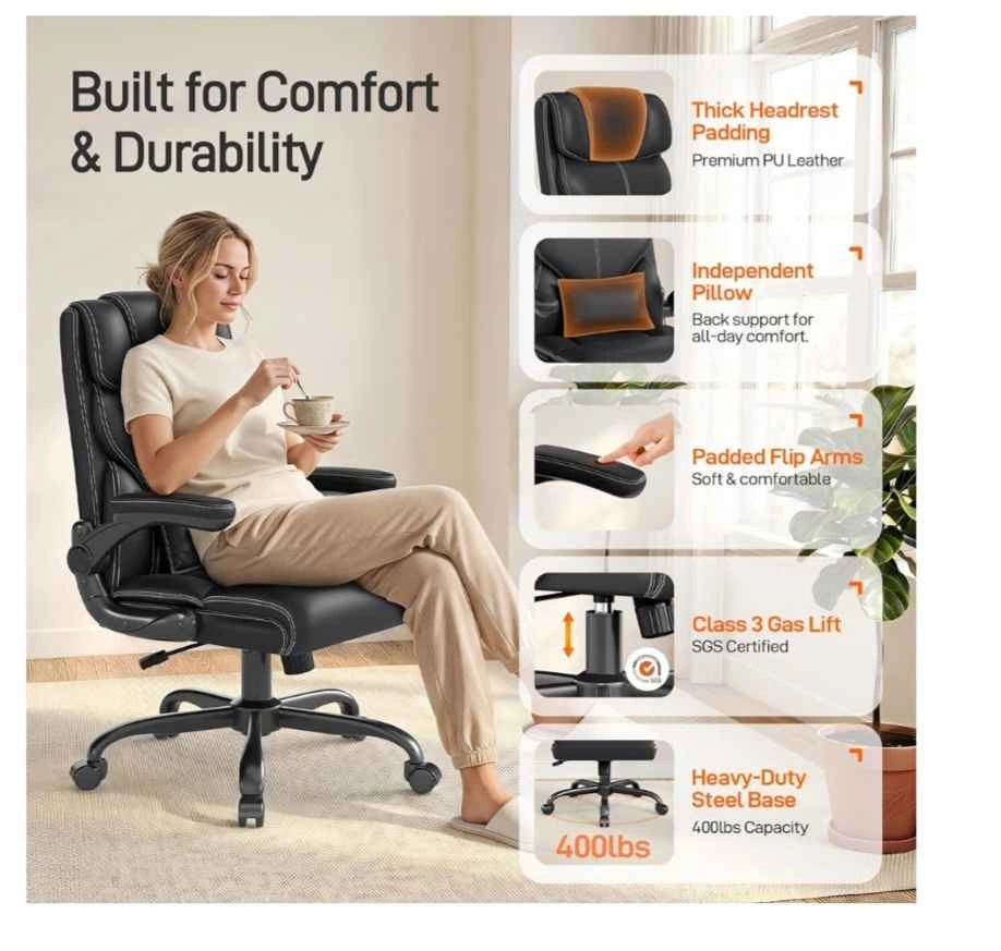 Ergonomic PU Leather Office Chair with Flip-Up Arms (New) - photo 2