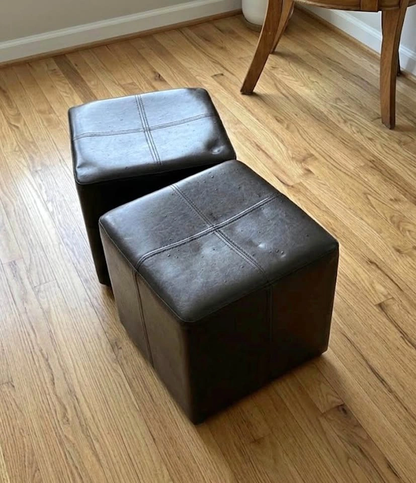 Pair of Dark Brown Faux Leather Cube Ottomans (Set of 2)