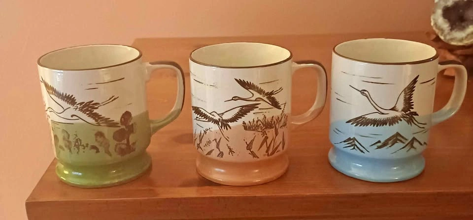 3x Vintage Otagiri Crane Mugs