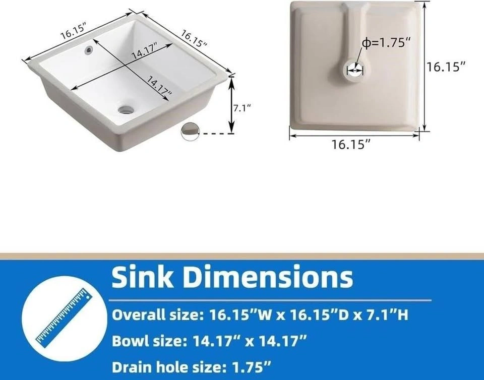 KINGWONG 16" Square White Undermount Bathroom Sink - photo 2