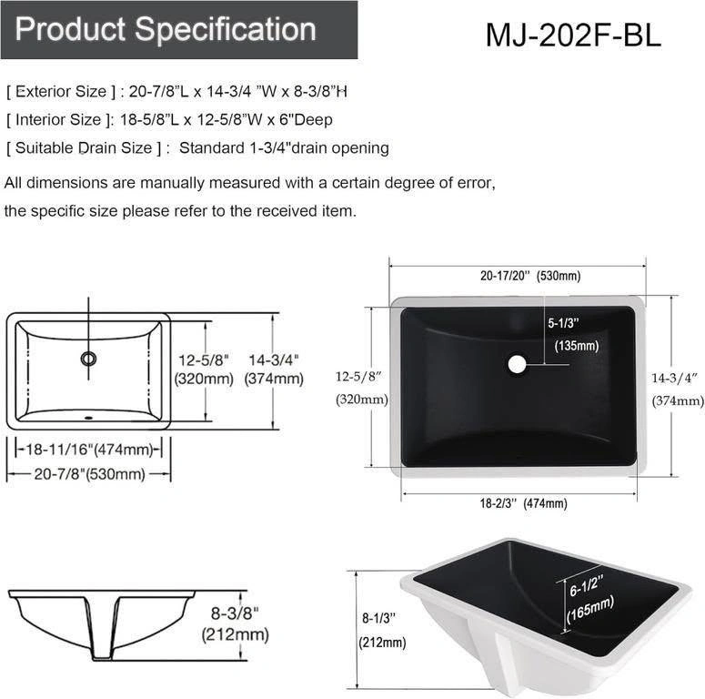 MEJE 20.9-Inch Black Undermount Bathroom Vessel Sink - photo 3
