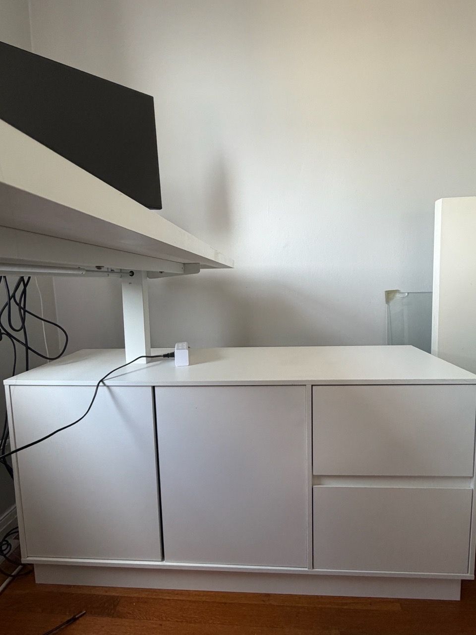 L-Shaped White Adjustable Height Desk with Filing Cabinets - photo 2