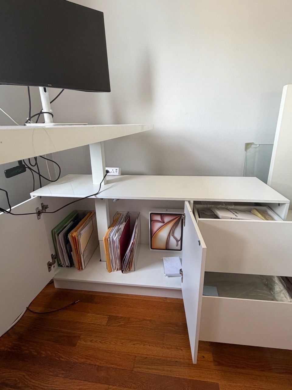 L-Shaped White Adjustable Height Desk with Filing Cabinets - photo 3