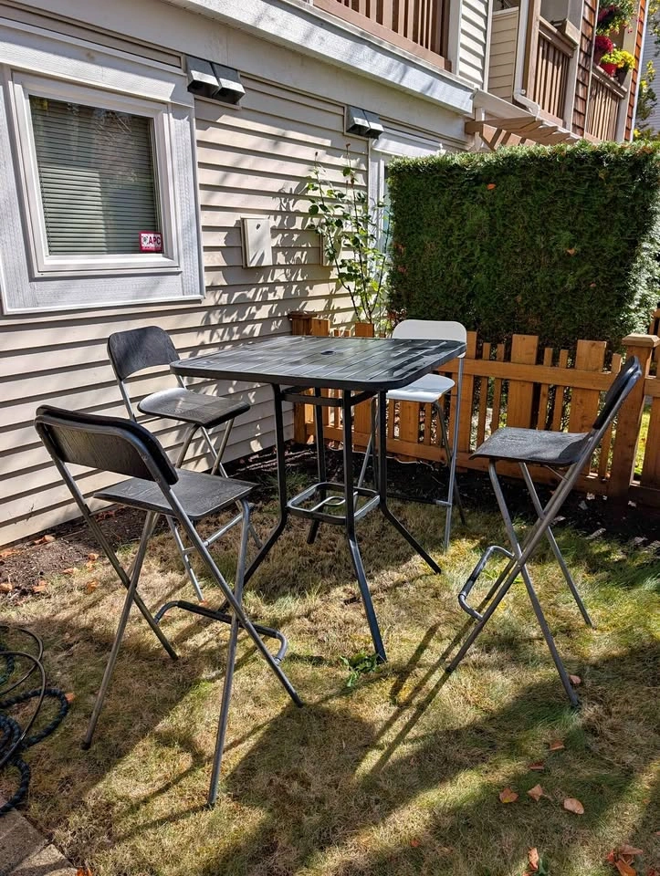 Metal Bar Height Patio Table with 4 Folding Chairs