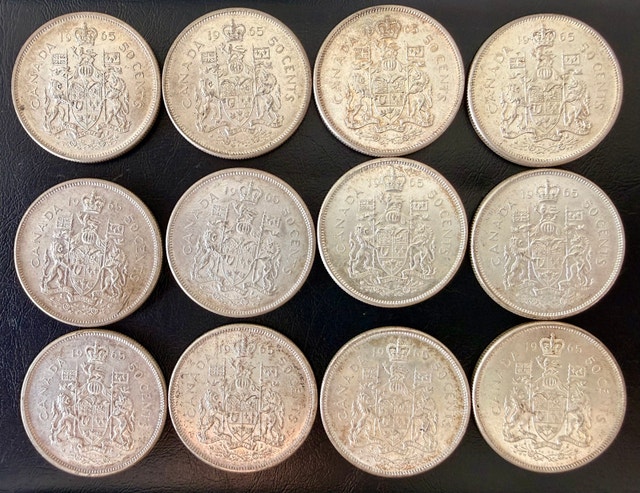 Lot of 12 Canadian 1965 80% Silver 50-Cent Coins