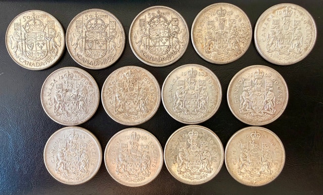 Lot of 13 Canadian 80% Silver 50-Cent Coins