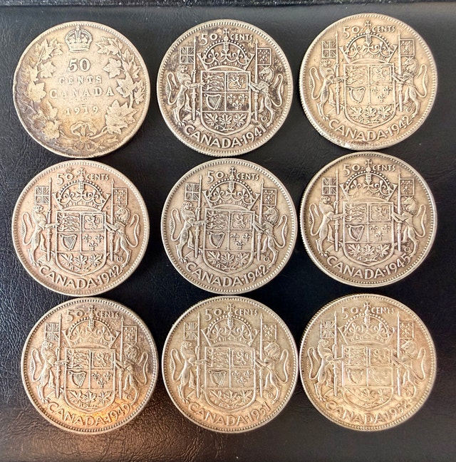 Lot of 9 Vintage Canadian 80% Silver 50-Cent Pieces