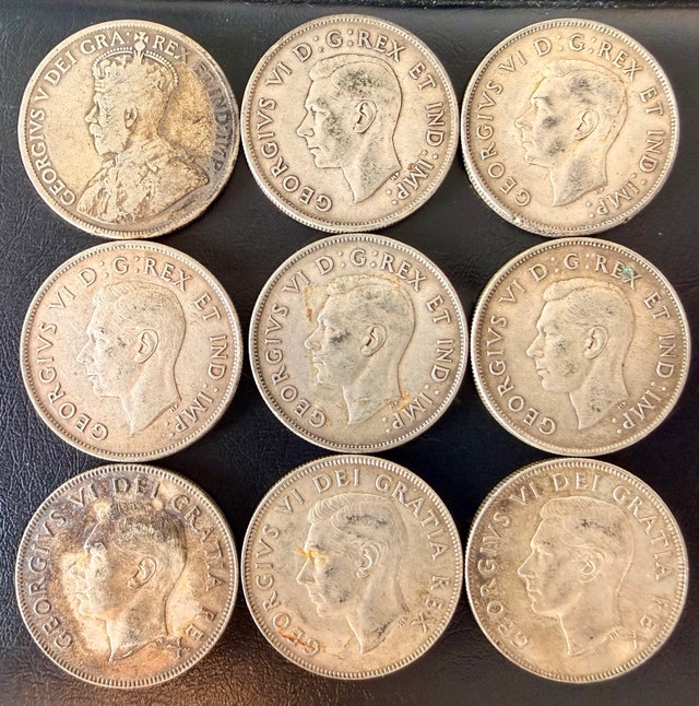 Lot of 9 Vintage Canadian 80% Silver 50-Cent Pieces - photo 2