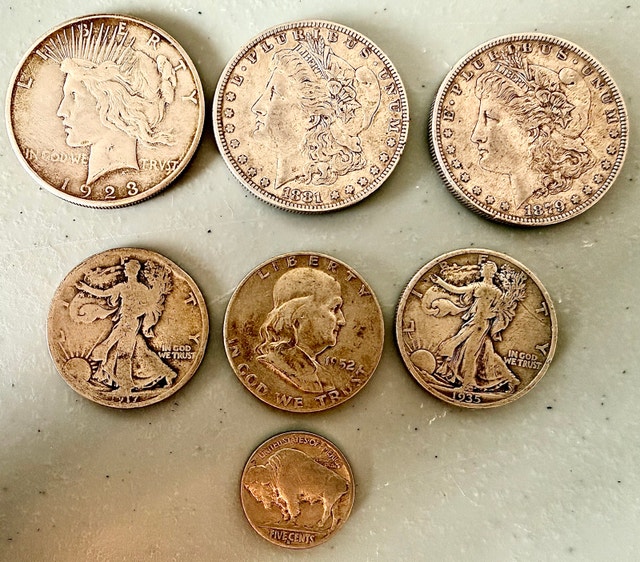 Lot of 6 U.S. 90% Silver Coins plus buffalo nickel