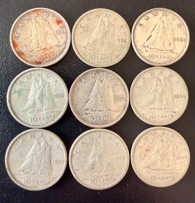 Lot of 9 Pre-1967 Canadian 80% Silver Dimes (Bluenose Sailboat)