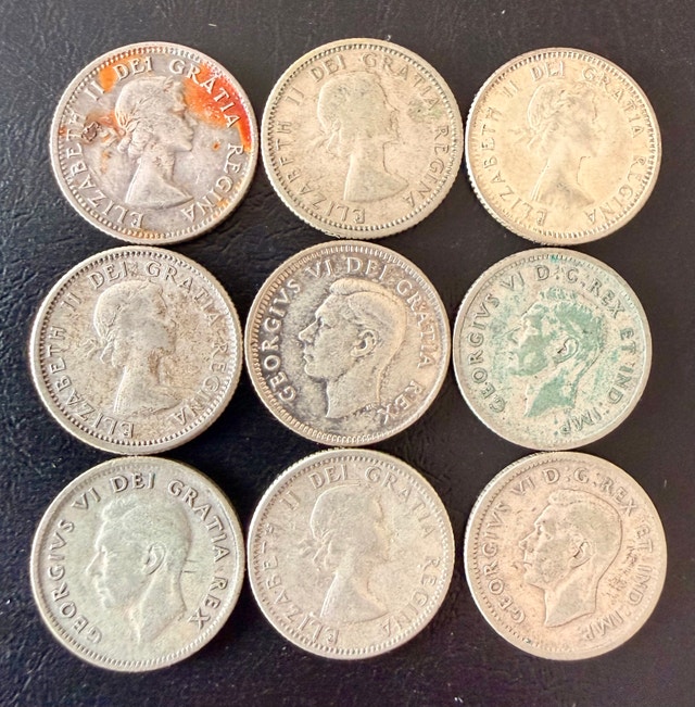 Lot of 9 Pre-1967 Canadian 80% Silver Dimes (Bluenose Sailboat) - photo 2