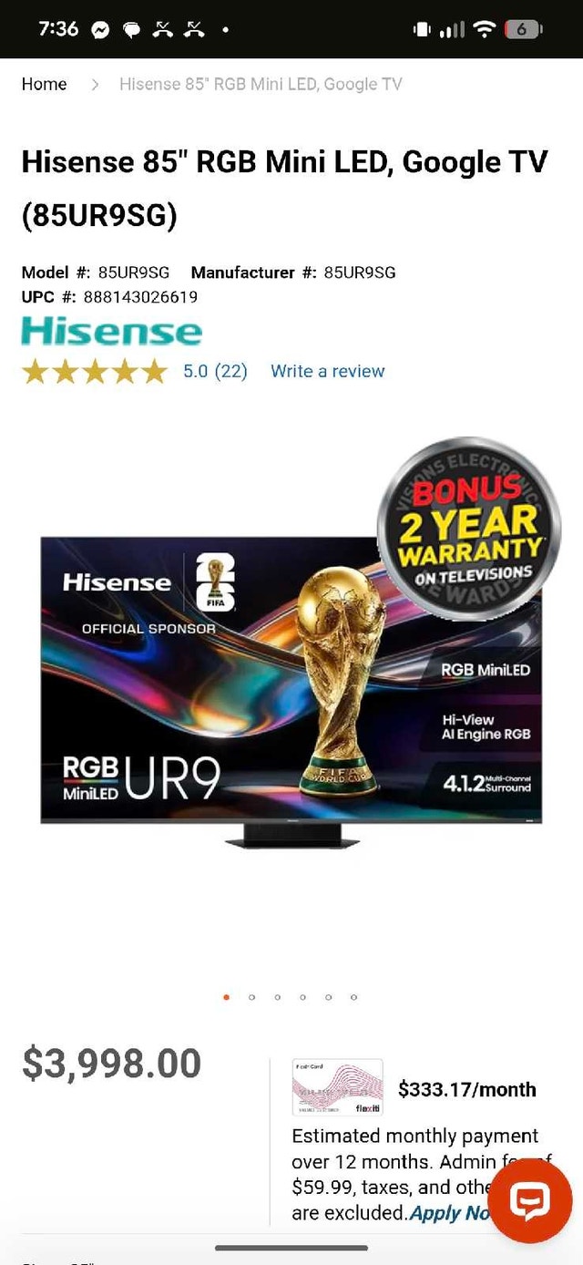 Hisense 85 inch RGB Mini LED Google TV 85UR9SG