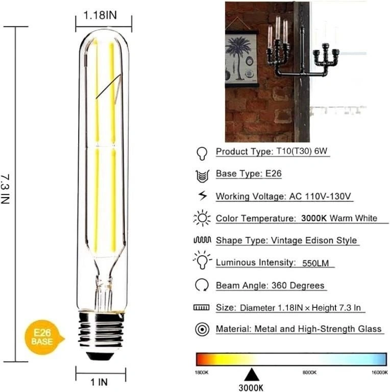 New 4 Pack T10 Dimmable 6W Tubular LED Bulbs - E26 base - photo 5