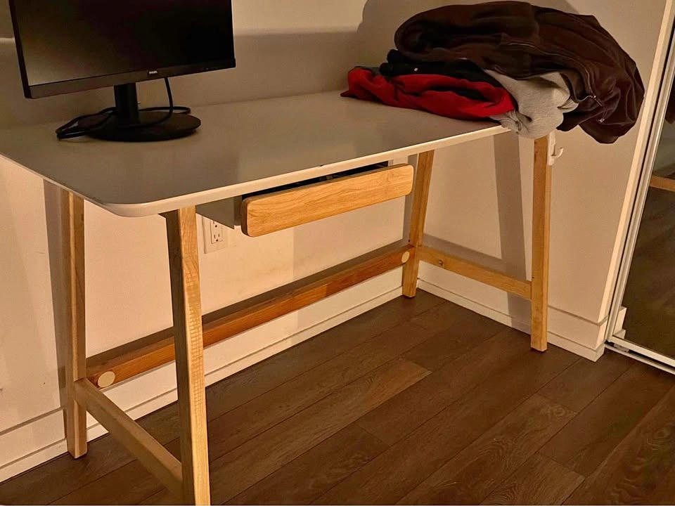Modern Grey & Natural Wood Desk + Ergonomic Office Chair