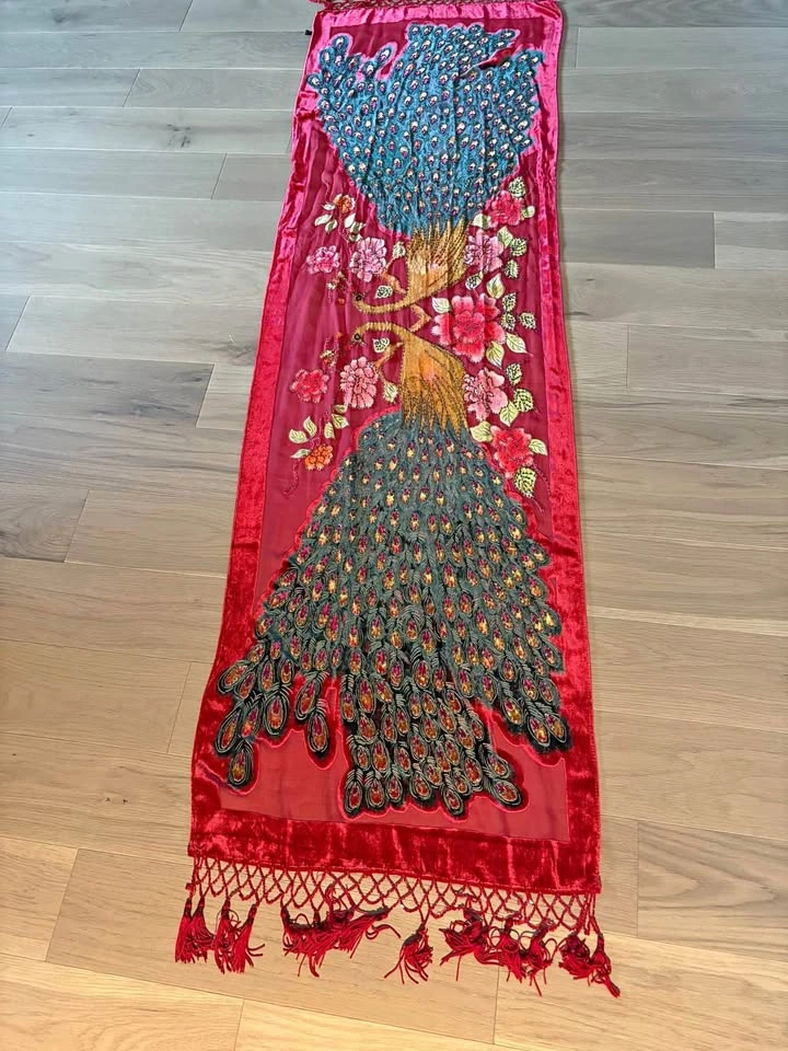 Hand-Beaded Silk & Velvet Peacock Shawl – Never Worn