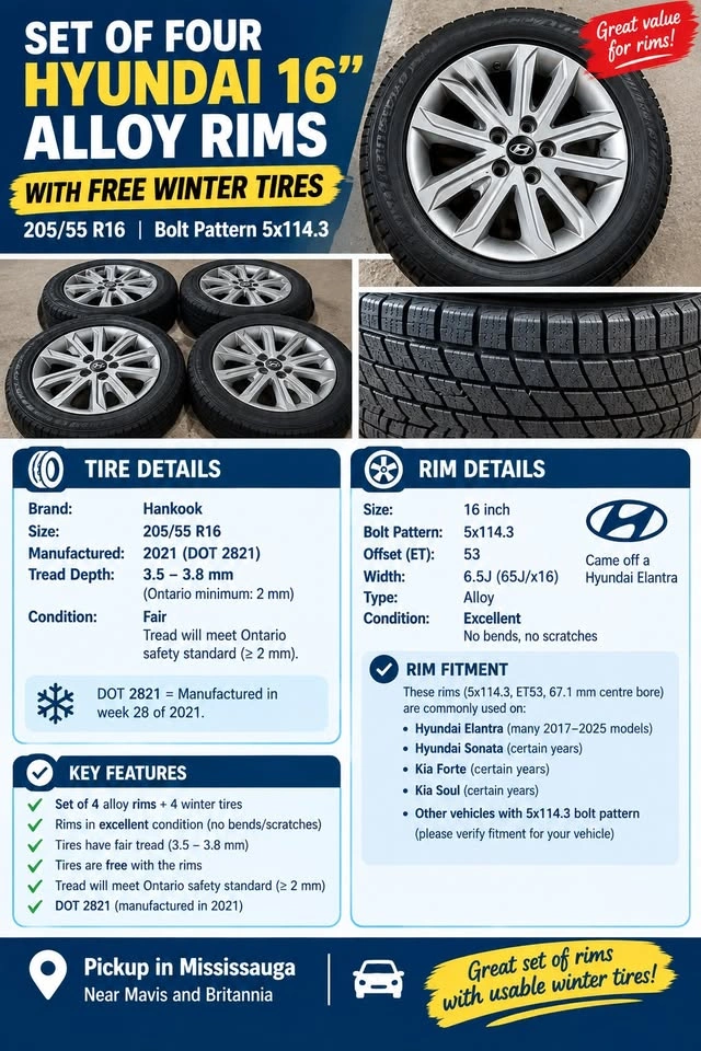 Set of 4 Hyundai 16-inch Alloy Rims with Winter Tires 5x114.3