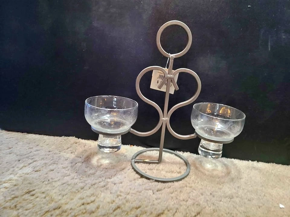 Metal Double Candle Holder with Glass Inserts