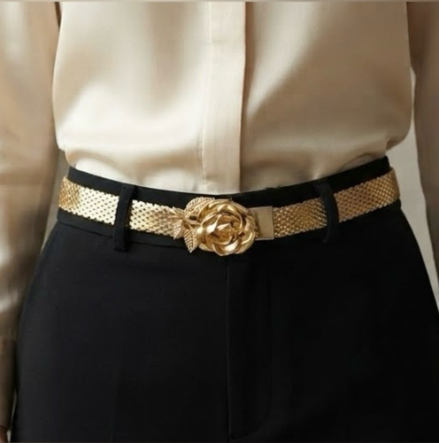 Vintage 80s Gold Mesh Chain Belt Rose Buckle Size S