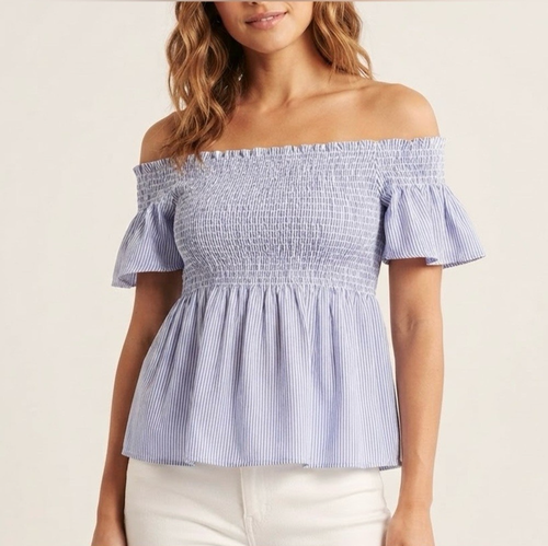 American Eagle Blue White Striped Off Shoulder Peplum Top L