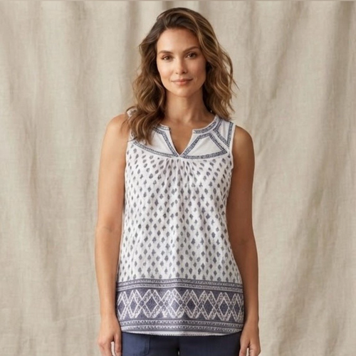 Dalia Blue White Geometric Print Sleeveless Tank Top Size L