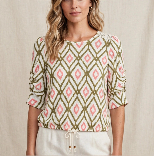 Fred David Cream Green Pink Geometric Print Lace Trim Blouse M