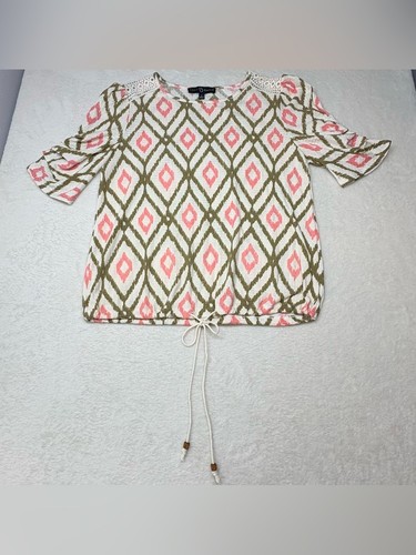 Fred David Cream Green Pink Geometric Print Lace Trim Blouse M - photo 2
