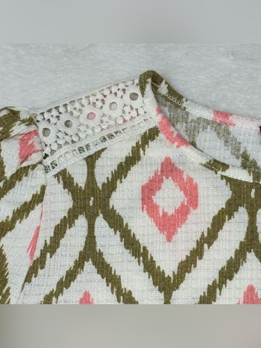 Fred David Cream Green Pink Geometric Print Lace Trim Blouse M - photo 3