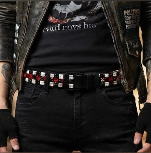 Black Red White Checkered Pyramid Studded Belt Size 40