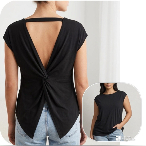 Black Round Neck Twist Back Short Sleeve Top Size Large