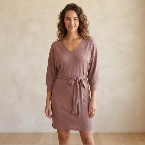 Dex Ribbed V Neck Belted Midi Dress Mauve Pink Size Medium