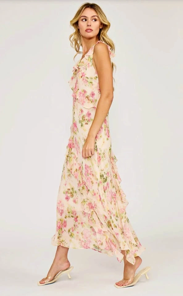 Lucy Paris Stella Pink Floral Ruffle Midi Dress Medium BNWT