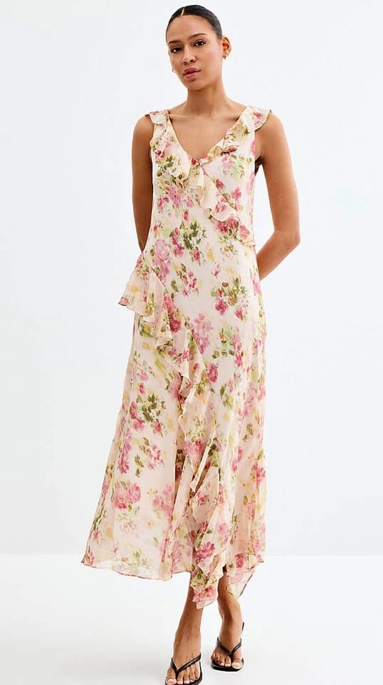 Lucy Paris Stella Pink Floral Ruffle Midi Dress Large BNWT