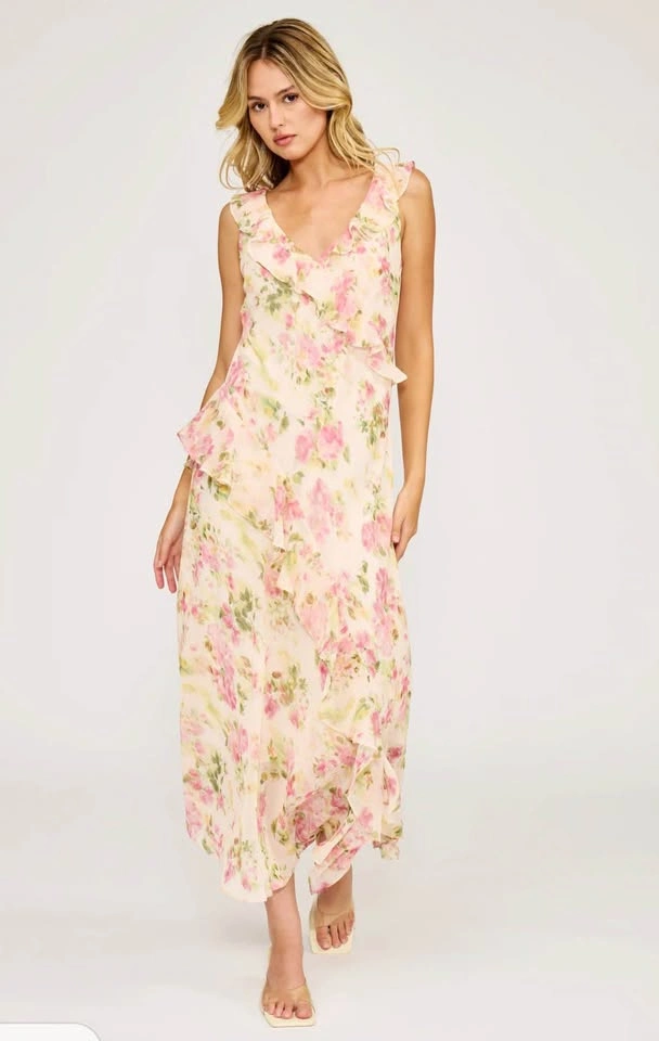 Lucy Paris Stella Pink Floral Ruffle Midi Dress Large BNWT - photo 2