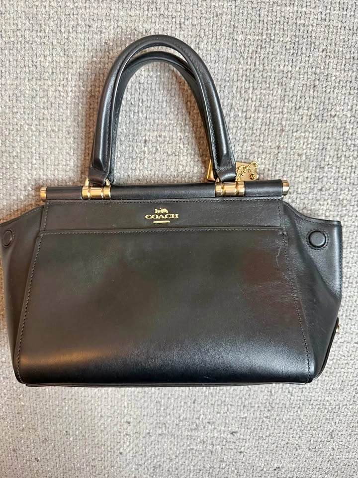 Coach Black Leather Structured Satchel Top Handle Bag