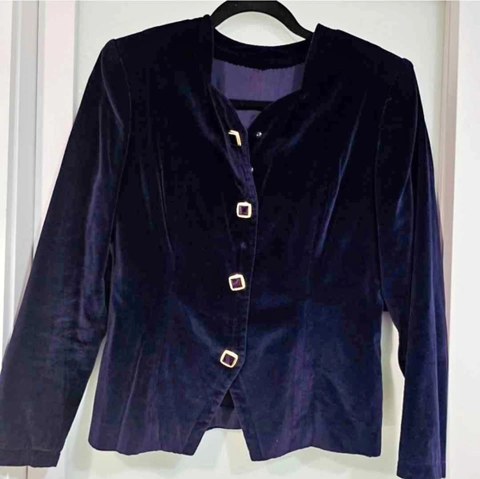 Vintage Navy Blue Velvet Square Neck Blazer Jacket