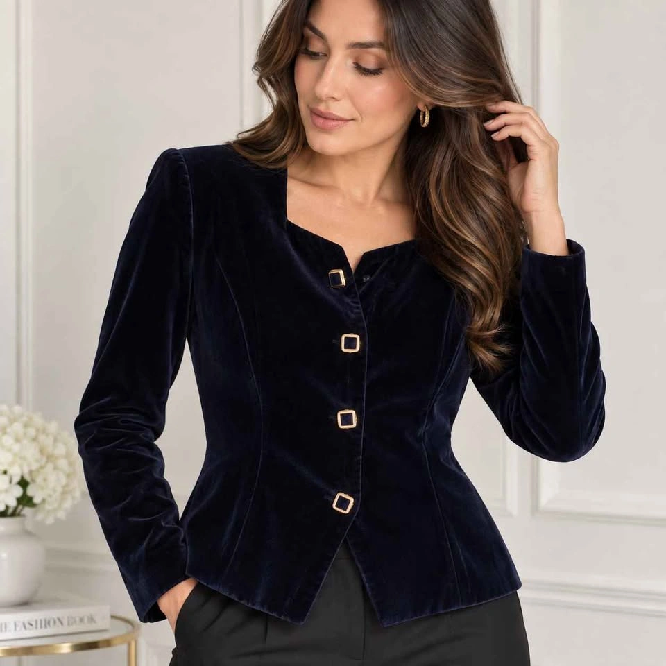 Vintage Navy Blue Velvet Square Neck Blazer Jacket - photo 2