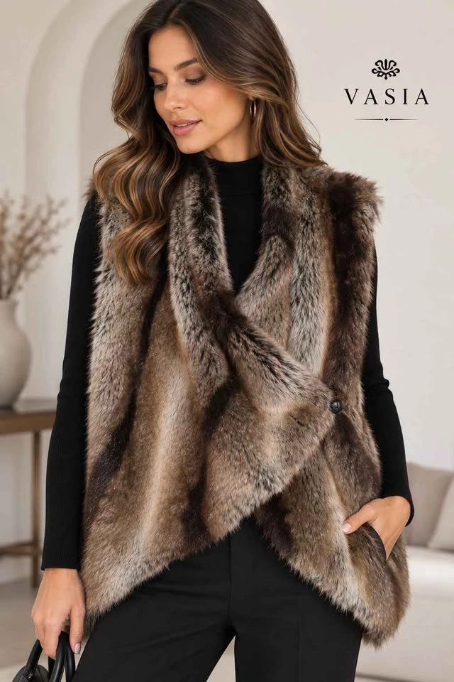 Vasia Brown Faux Fur Draped Vest Size S - photo 2