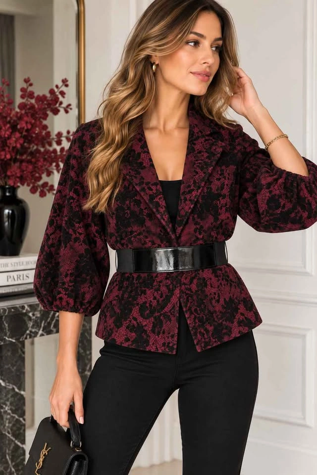Vintage Cartise Burgundy Black Velvet Floral Belted Blazer US 6 - photo 2