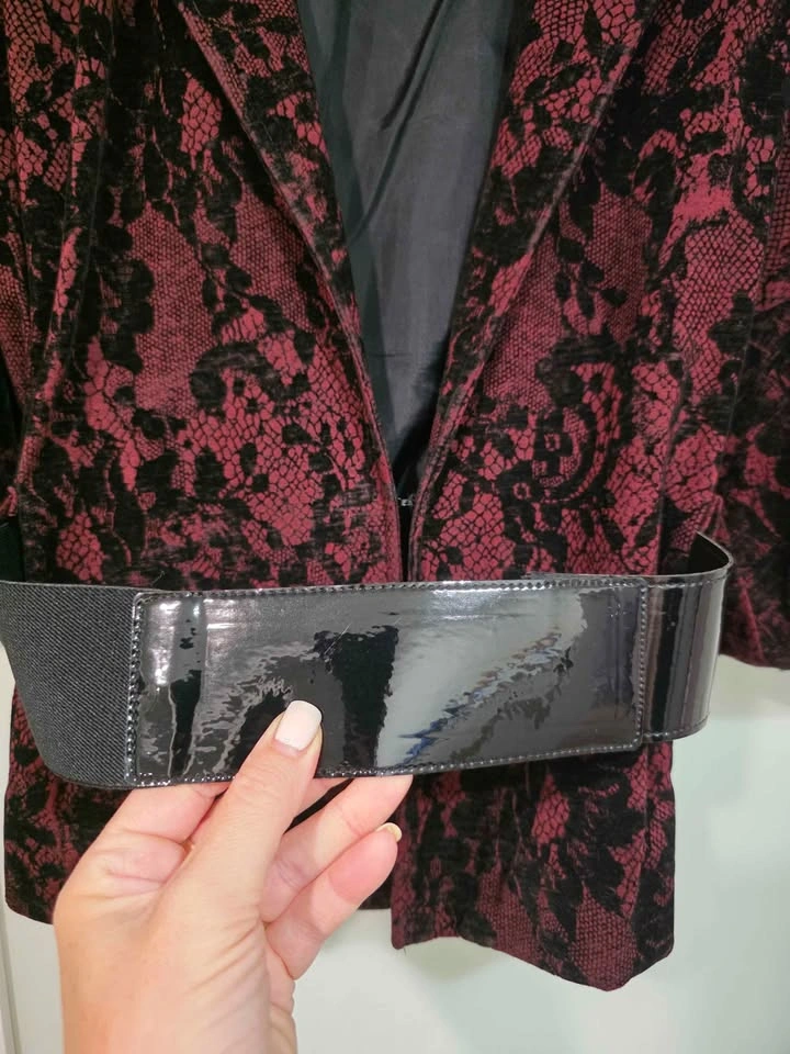 Vintage Cartise Burgundy Black Velvet Floral Belted Blazer US 6 - photo 5