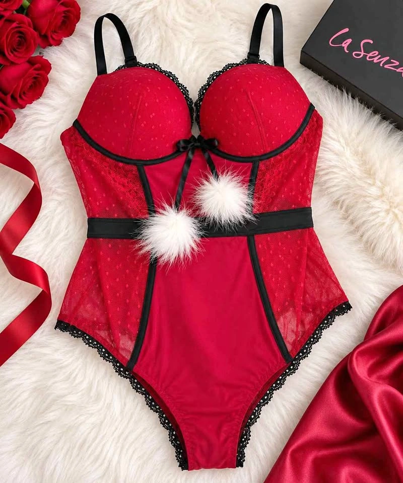 NWT La Senza Red Black Lace Push-Up Teddy Bodysuit Lingerie M