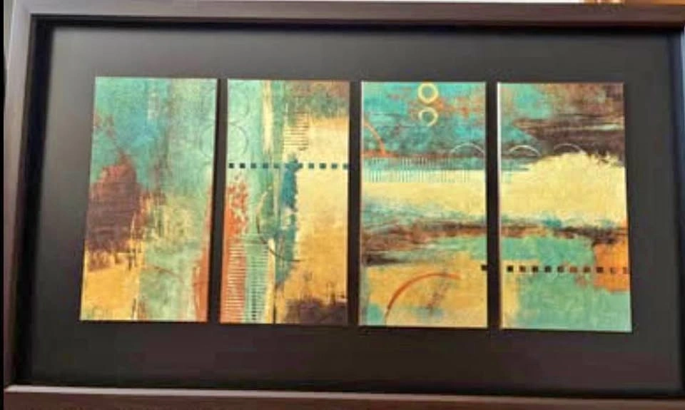 Large Framed Abstract Wall Art – Teal, Bronze & Gold