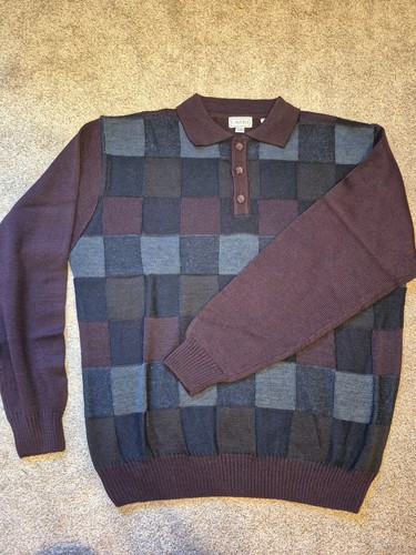 Vintage Cavori Men's Burgundy & Navy Checker Block Polo Sweater